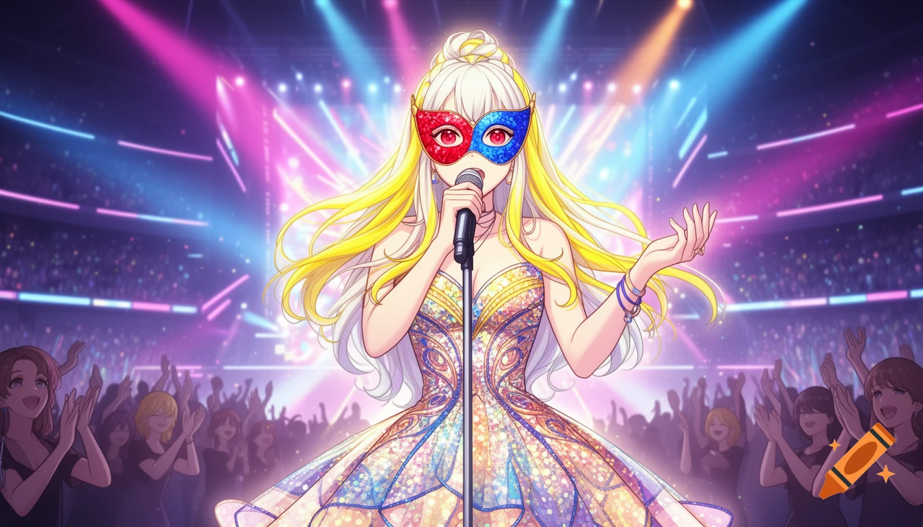 Anime k-pop idol with long blonde hair and a red and blue mask sings into a microphone on a vibrant neon concert stage, surrounded by a cheering crowd.