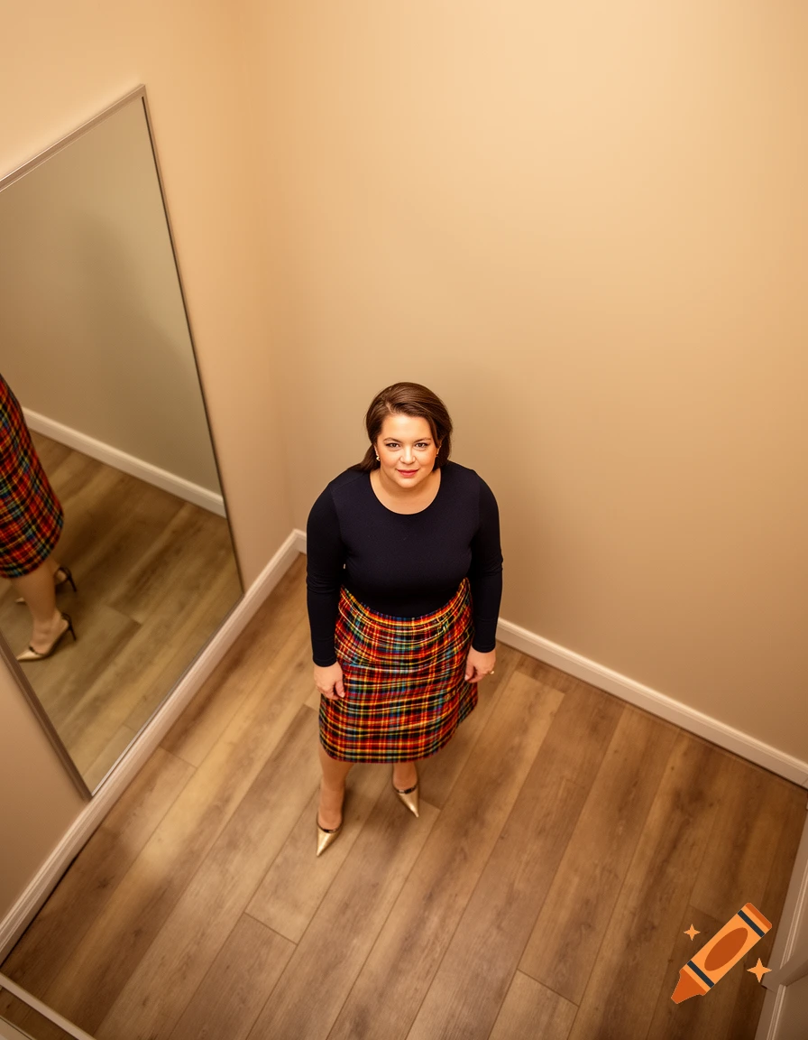 A woman in a navy top and colorful plaid skirt stands in a changing room, looking up at the camera.