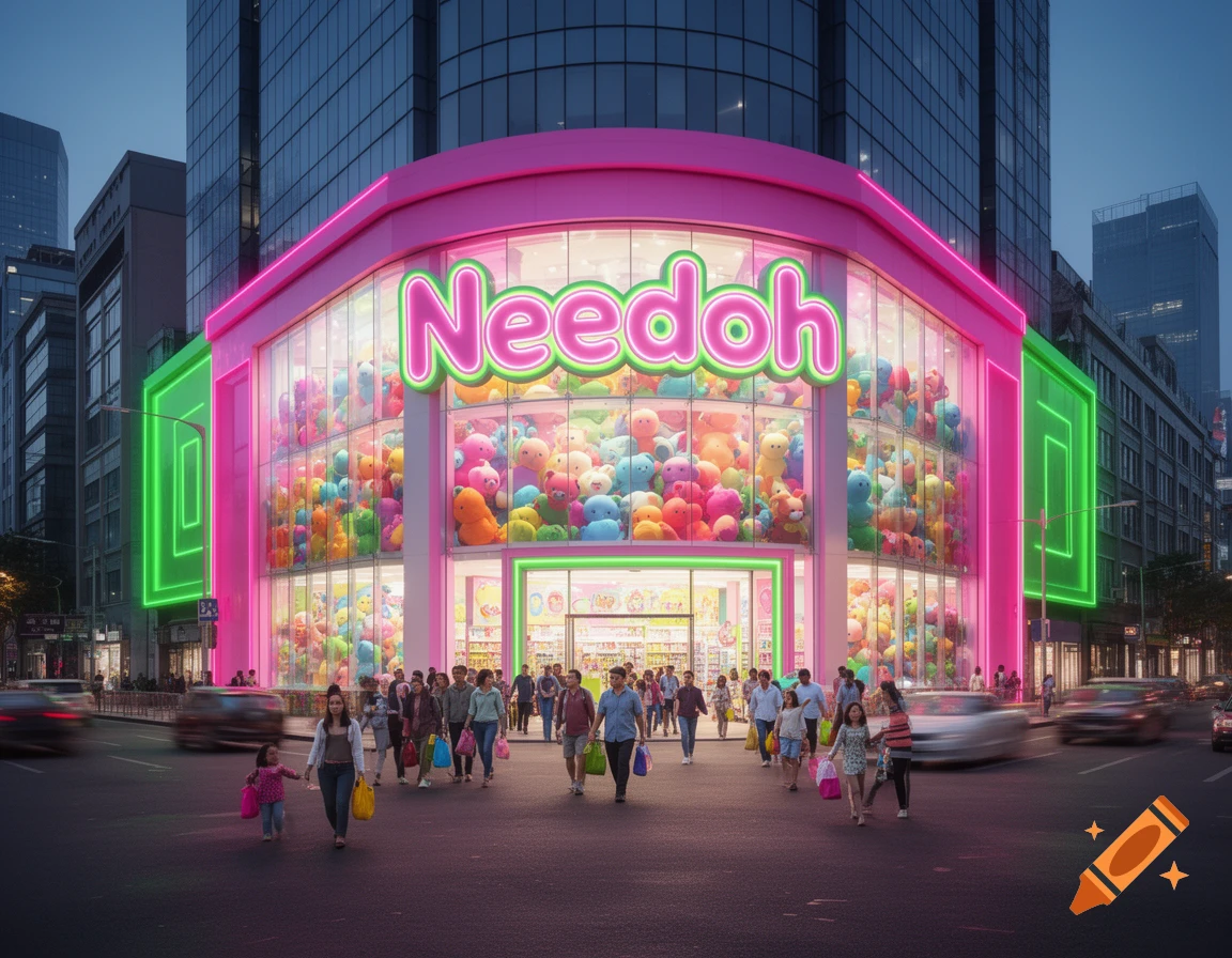 A brightly lit 'Needoh' store with a pink facade and green neon accents, filled with colorful plush toys. People walk on the street in front of it at dusk in a cityscape.