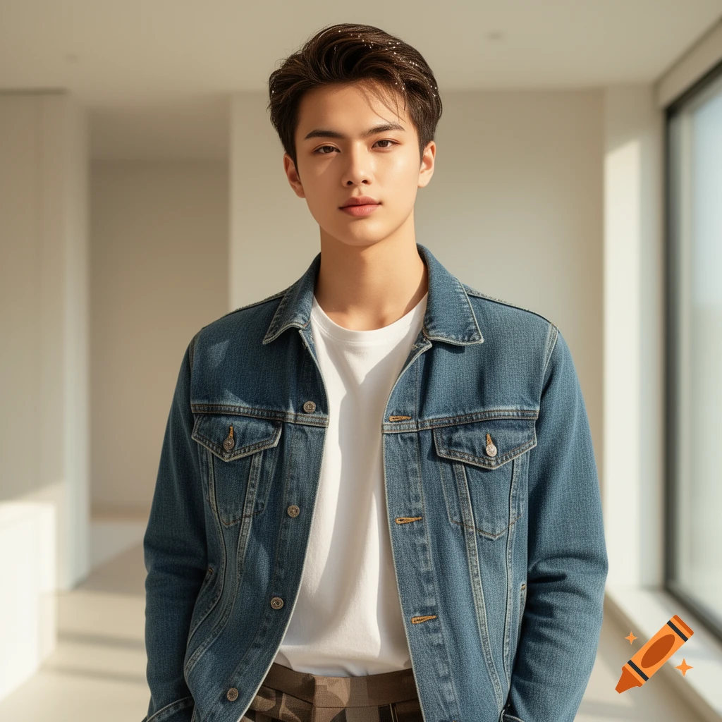 A young man with dark hair wears a white t-shirt and a denim jacket, standing in a brightly lit modern hallway.