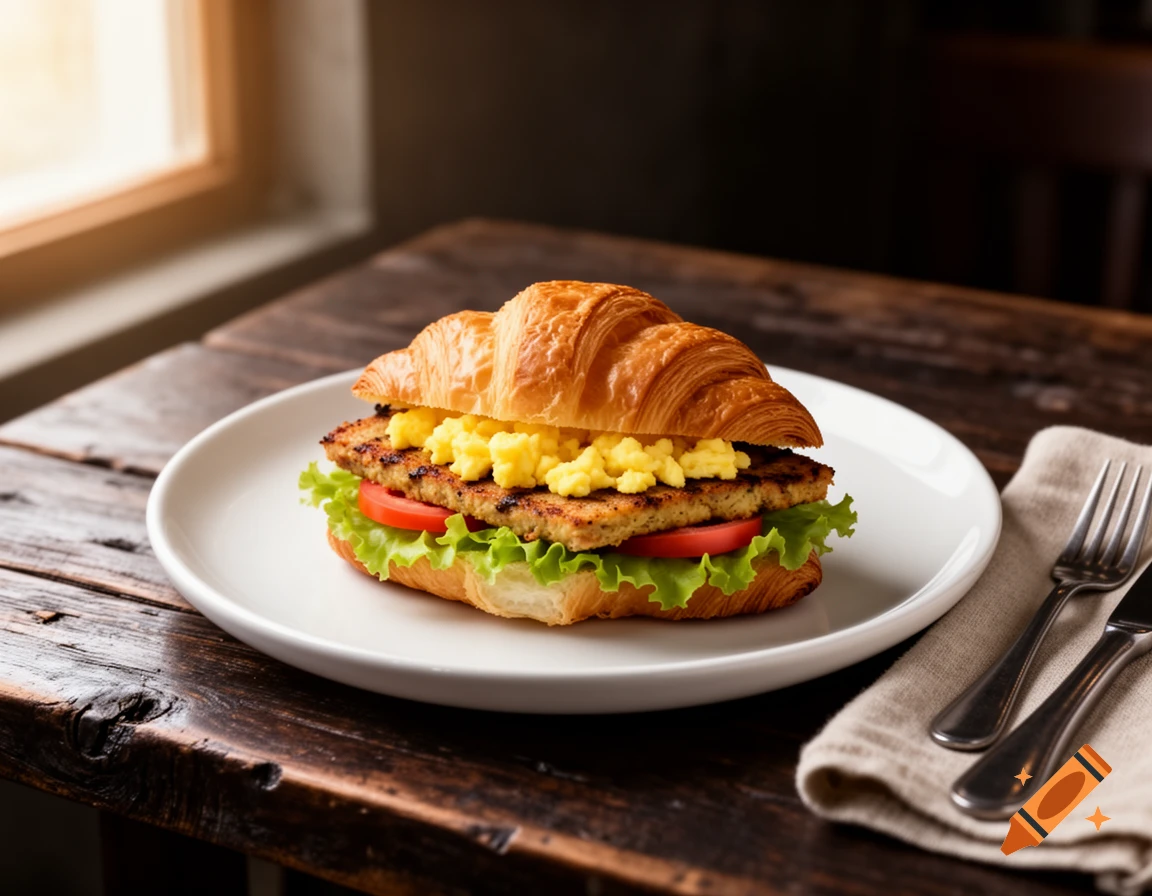 A grilled otah croissant sandwich with scrambled eggs, lettuce, and tomato on a white plate, on a rustic wooden table.