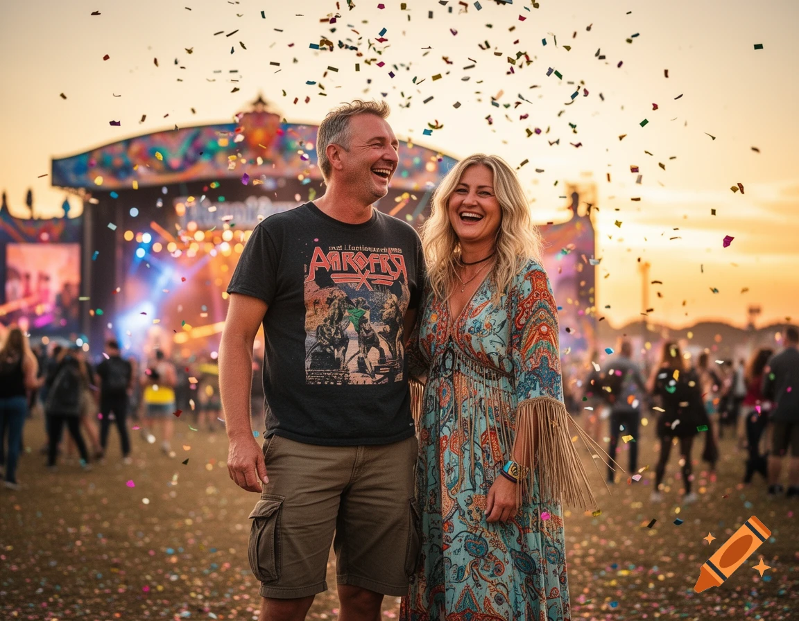 A smiling couple stands amidst falling confetti at a vibrant outdoor music festival during sunset, with a stage in the background.