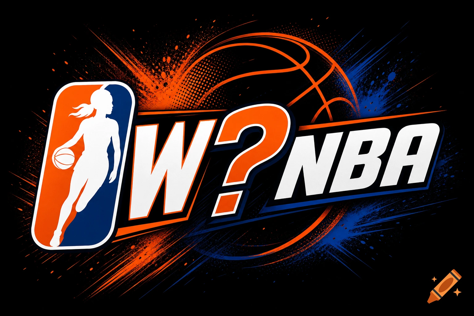 Stylized W?NBA logo with a female basketball player silhouette and orange and blue splash effects.