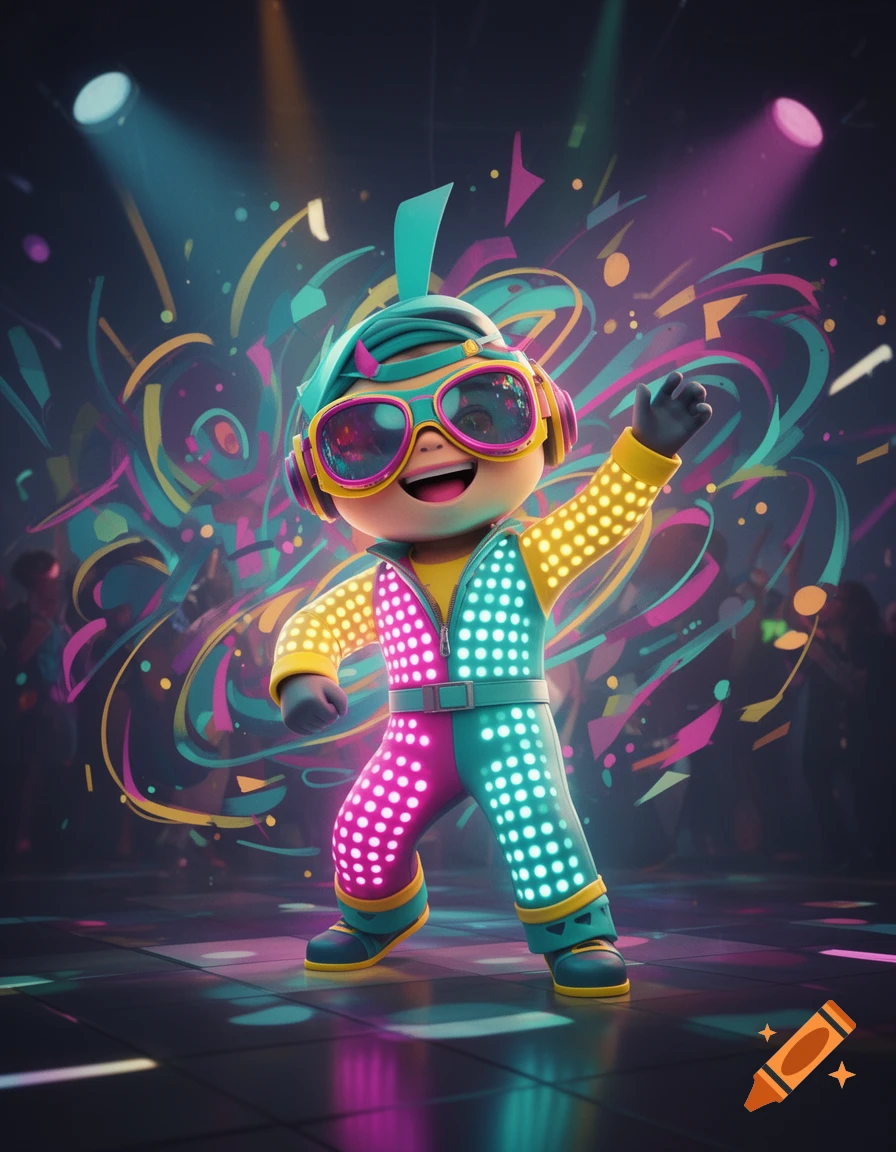 A cheerful cartoon character in a neon light-up jumpsuit, sunglasses, and headphones dances on a reflective disco floor.