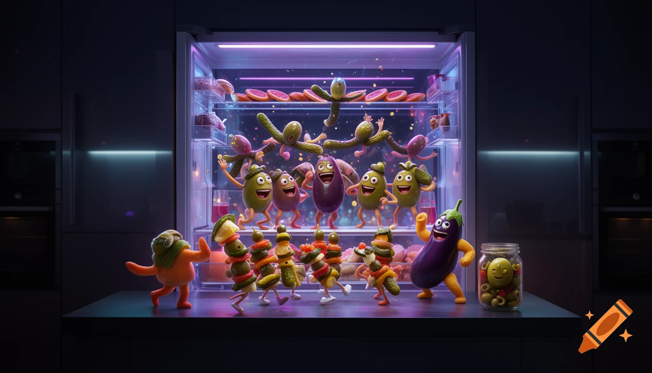 Anthropomorphic eggplant, olives, and pickles have a vibrant midnight party in a modern refrigerator, with one olive winking from a jar.