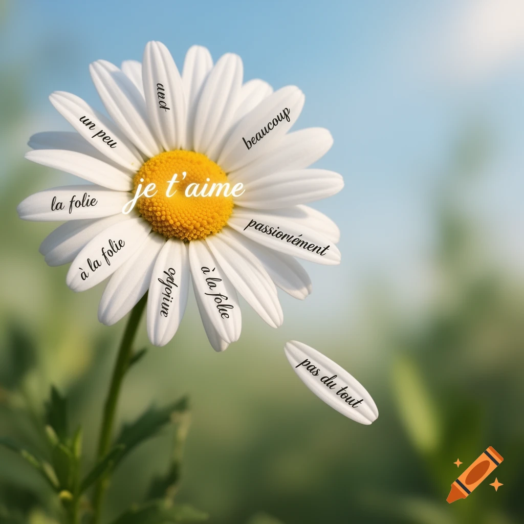 A white daisy with French text on its petals, and a detached petal reading "pas du tout" floating below it.