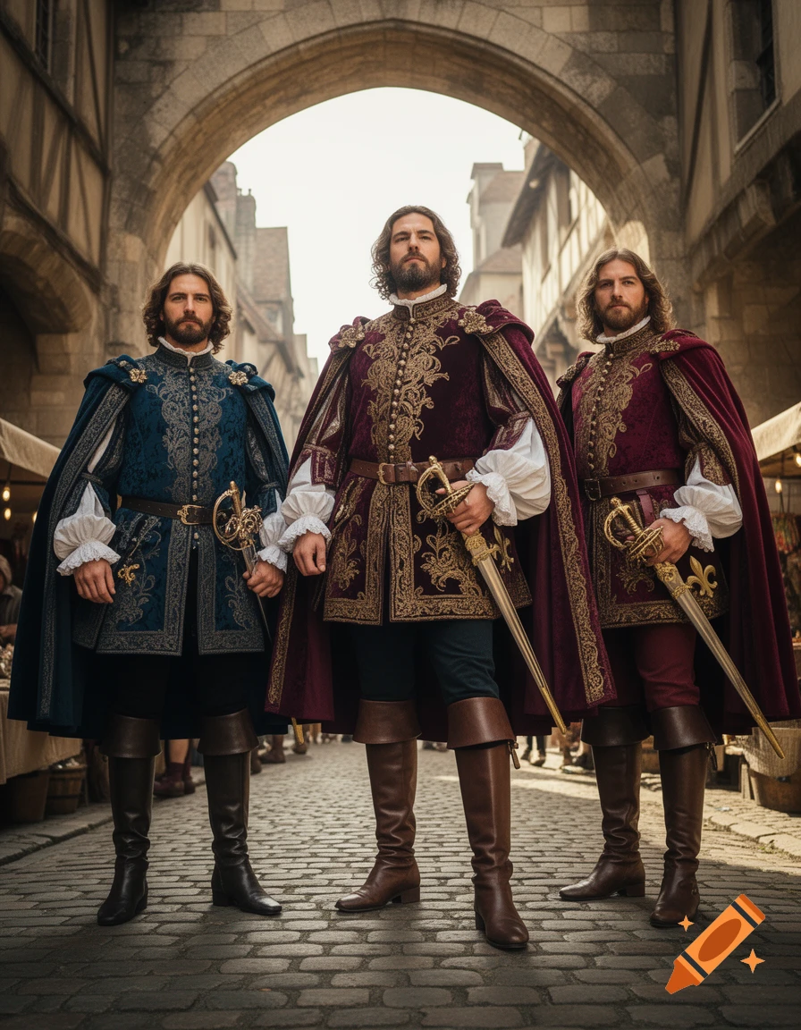 Three men in elaborate 17th-century attire with swords stand on a cobblestone street under an archway.