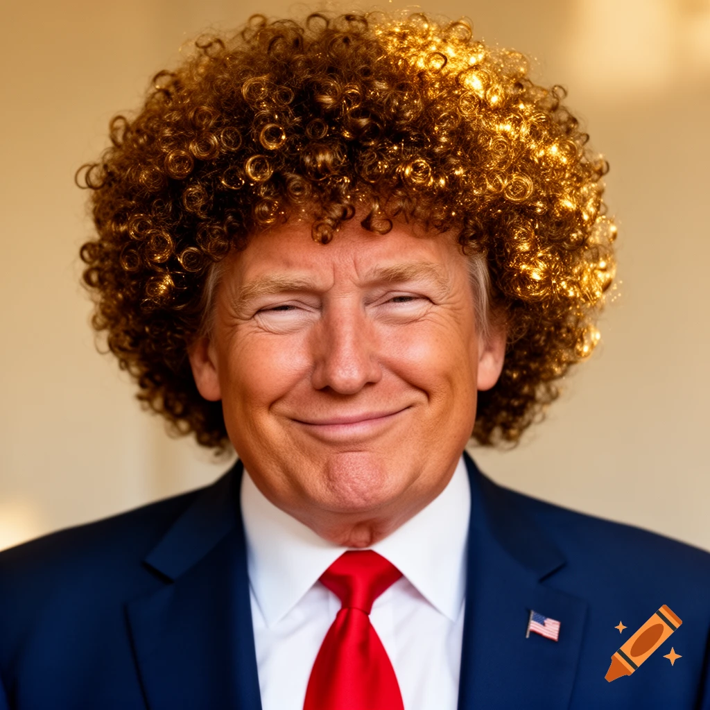 Close-up portrait of Donald Trump smiling, wearing a dark blue suit, red tie, and a large, golden-brown afro wig.