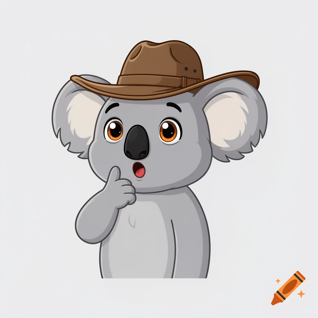 Cartoon koala wearing a brown cowboy hat, thinking with a paw near its chin, against a plain grey background.
