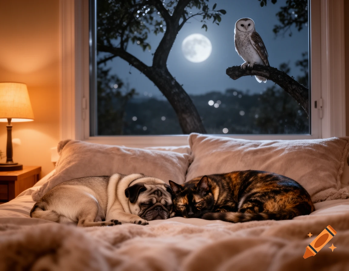 A pug and a tortoiseshell cat sleep soundly on a cozy bed. Outside the window, a full moon shines on a tree where an owl perches.