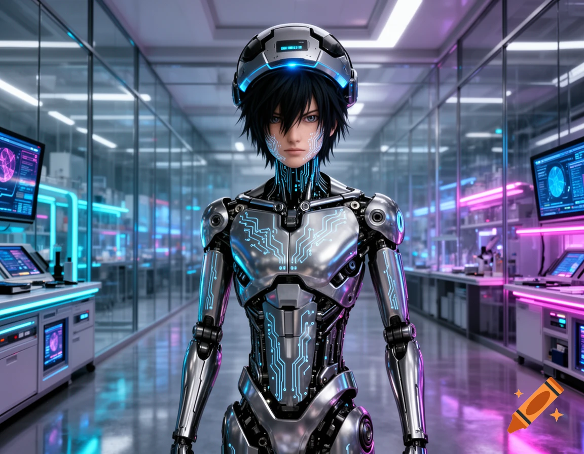 A futuristic robot with black hair and a helmet, featuring glowing circuits on its metallic body, stands in a neon-lit sci-fi lab.