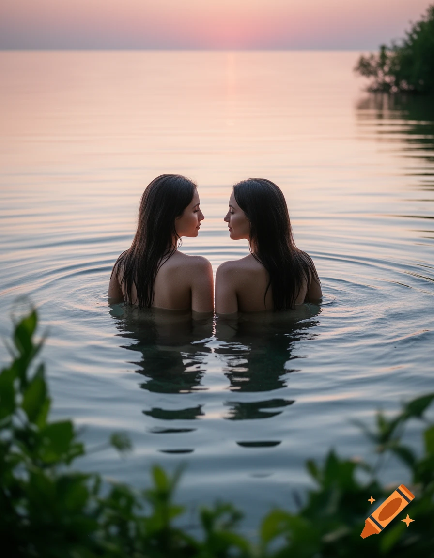 Two women stand in calm water at sunset, backs to the viewer, facing each other, photorealistic.