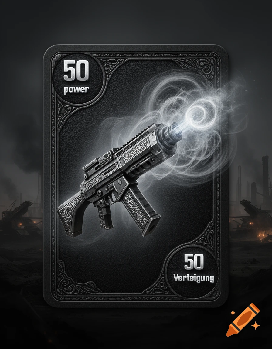 A dark, detailed game art card featuring a futuristic machine gun glowing with energy, labeled '50 power' and '50 Verteidigung'.
