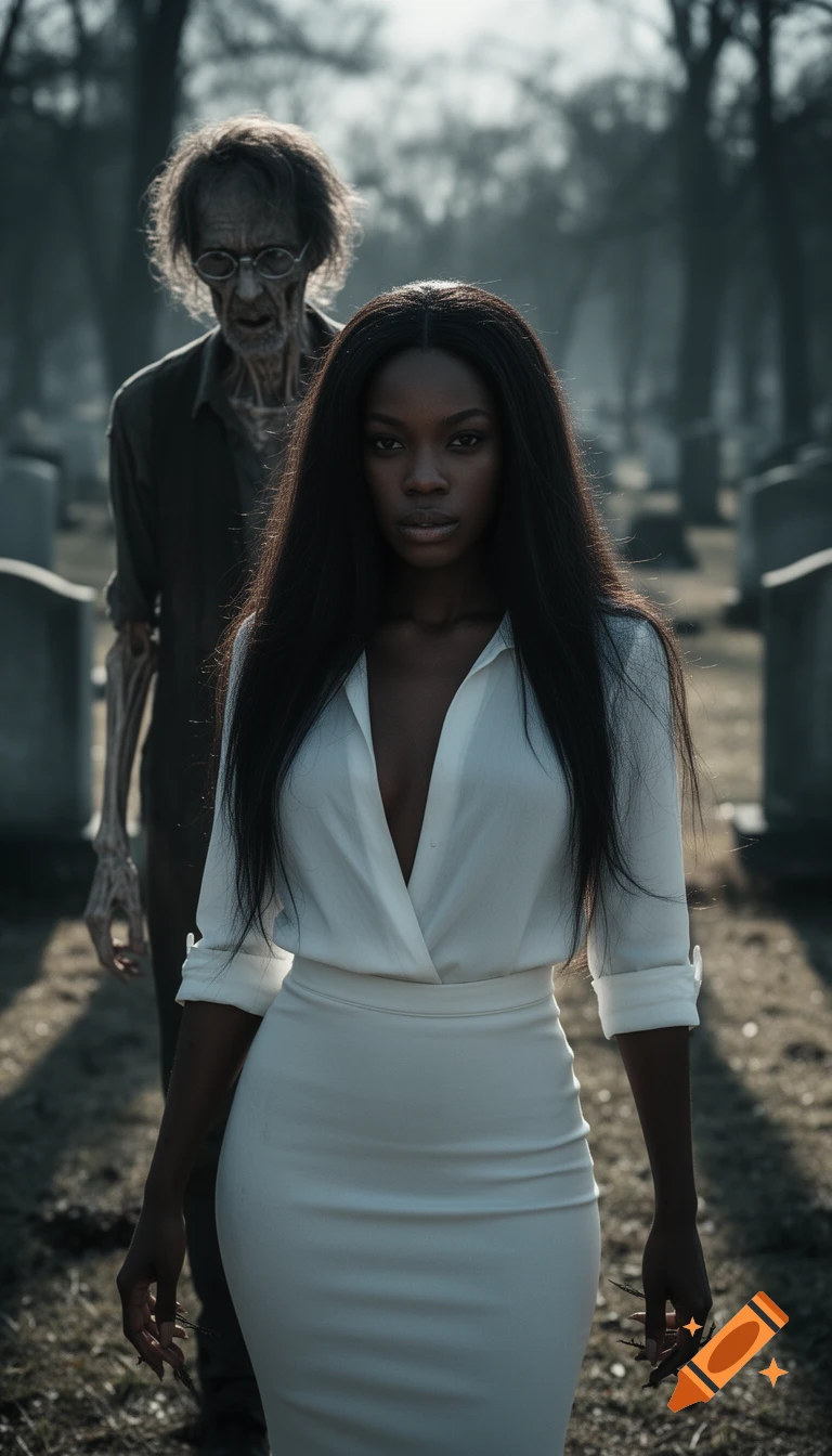 Photorealistic horror scene of a Black woman in a white outfit walking through a graveyard with a gaunt zombie man behind her.
