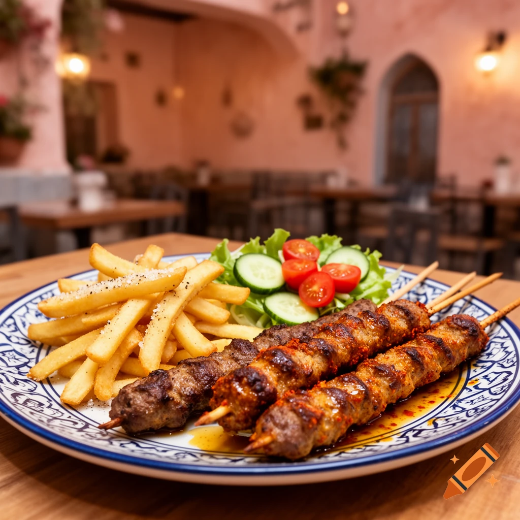 A plate of grilled kebabs with french fries and a side salad of lettuce, cucumber, and tomatoes, in a restaurant setting.