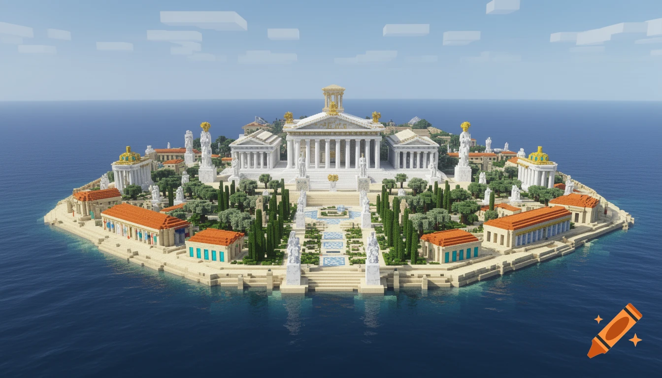 An intricate Minecraft build of an ancient Greek city on a small island, featuring white temples, terracotta roofs, and lush trees.