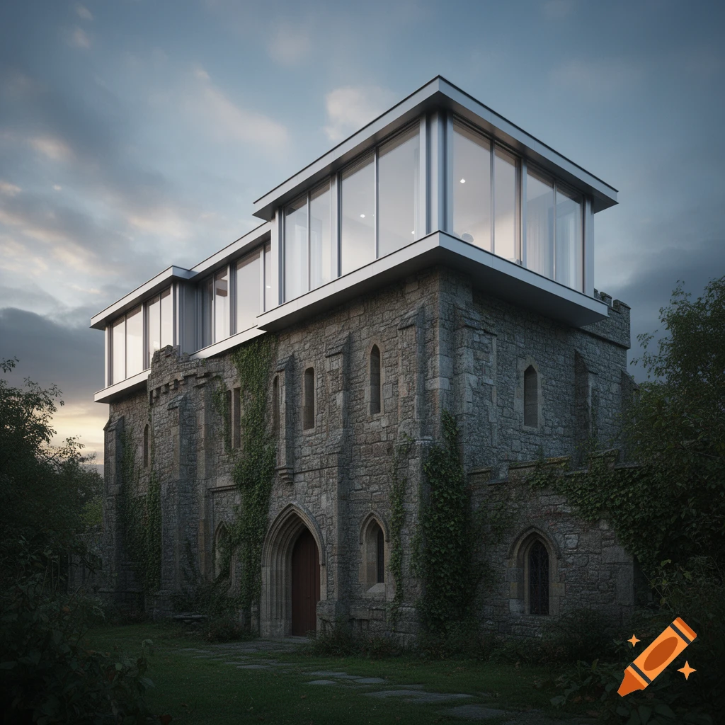 Photorealistic image of a stone castle-like building with modern glass upper floors, covered in ivy at dusk.