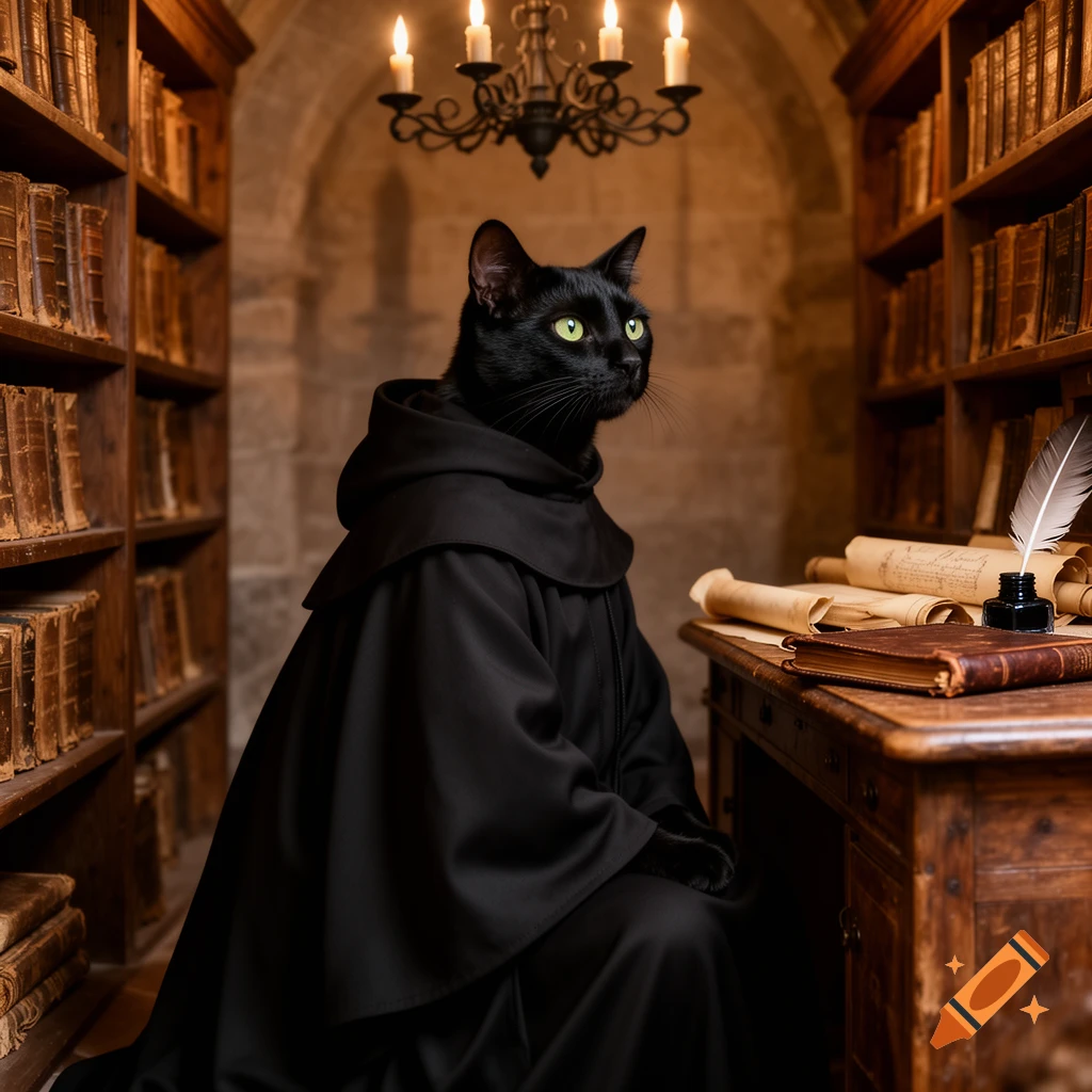 A black cat dressed as a Benedictine monk sits at a wooden desk in an old, candlelit library, looking right in a photorealistic style.