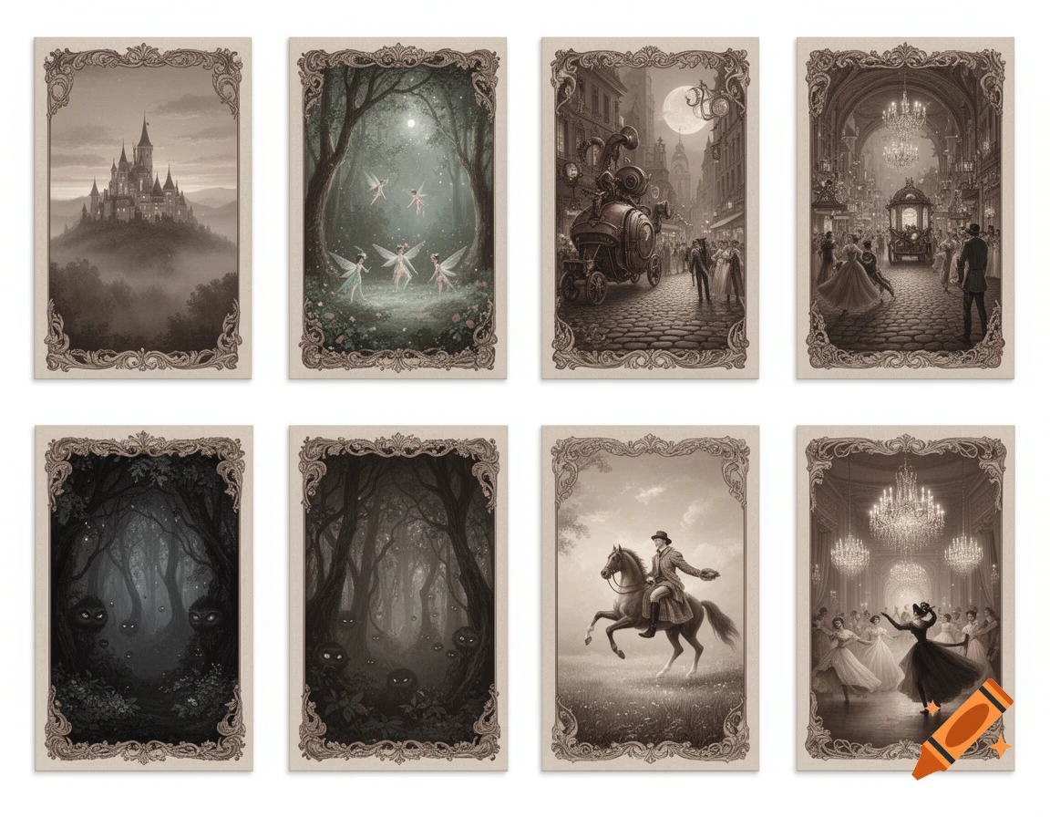 Eight sepia-toned fantasy illustrations with ornate frames, depicting scenes like a castle, fairies, steampunk city, grand ballroom, dark forest creatures, and a man on horseback.