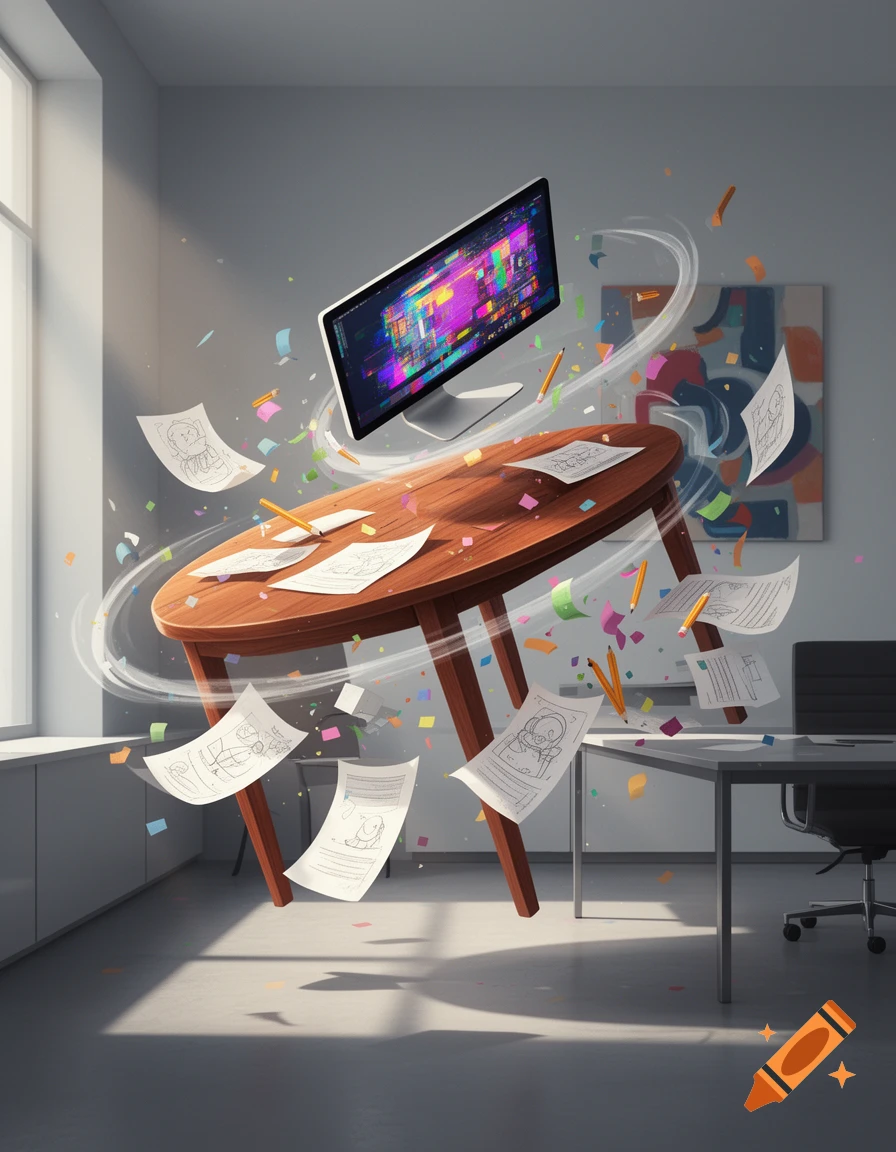 A wooden table, computer monitor, papers, and pencils levitate and swirl chaotically in a modern office, surrounded by confetti.
