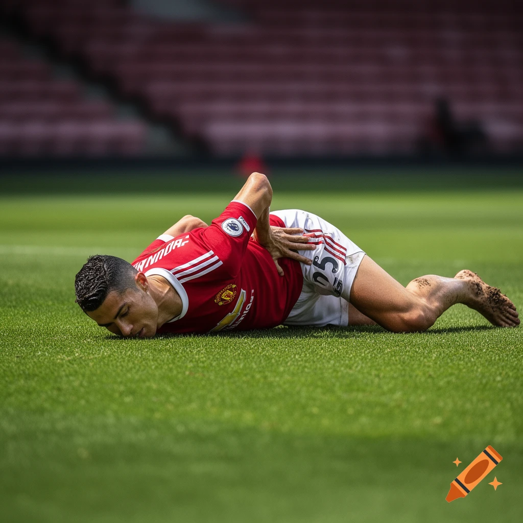 Cristiano Ronaldo lies face down on a green soccer field in a red Manchester United jersey and white shorts, holding his lower back, with bare, muddy feet.
