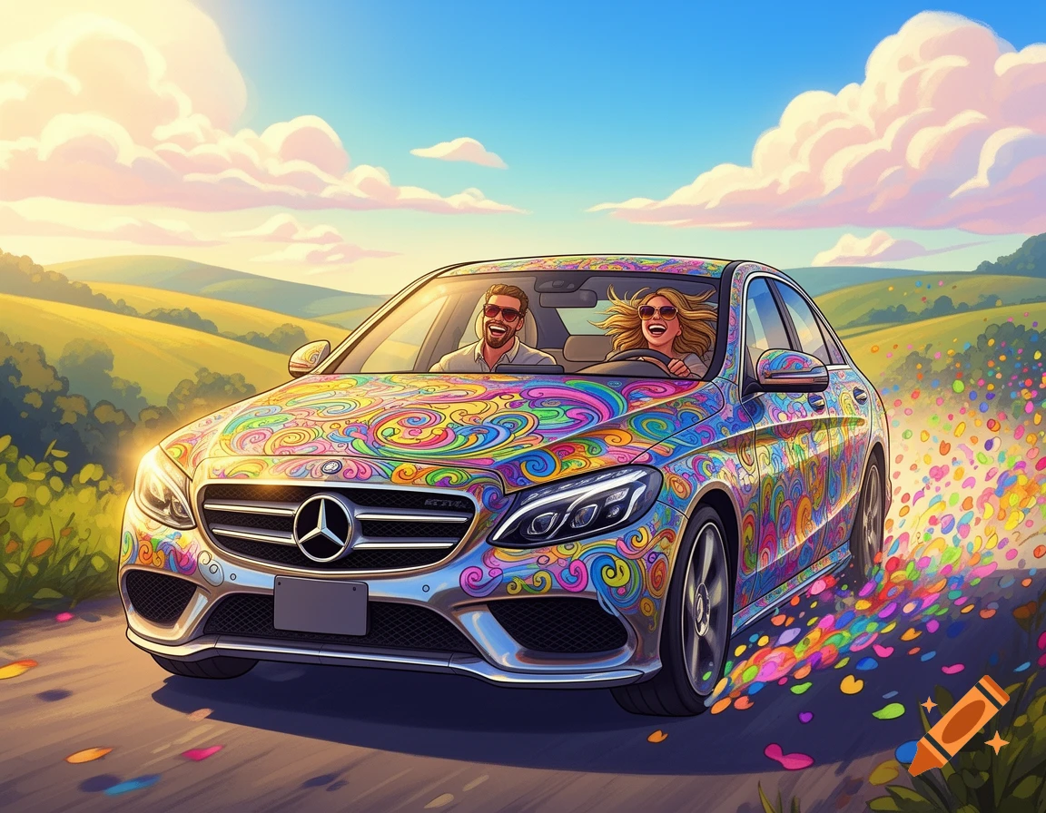 A happy couple drives a Mercedes-Benz car covered in a vibrant, colorful doodle pattern through a sunny, hilly landscape, in an illustration style.