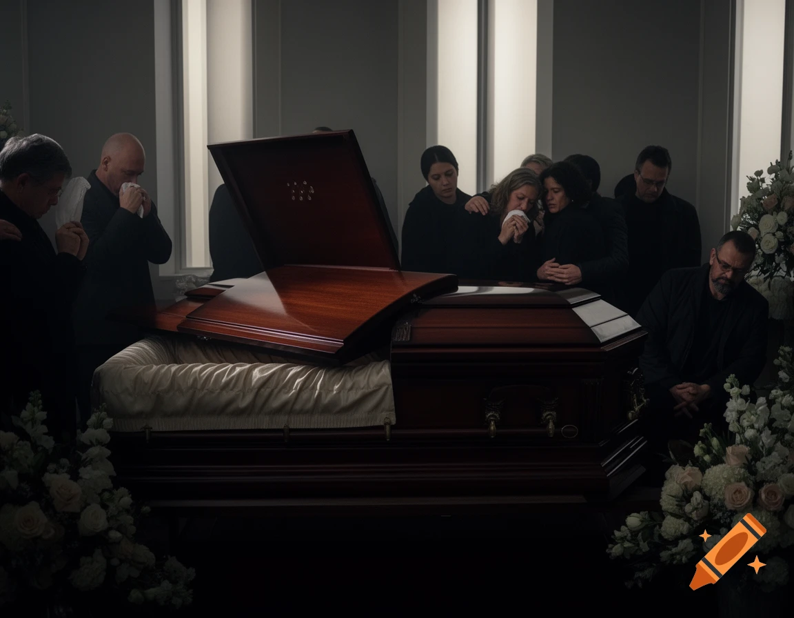 Mourners gather around an open wooden casket in a mortuary, with some crying and comforting each other. Photorealistic.