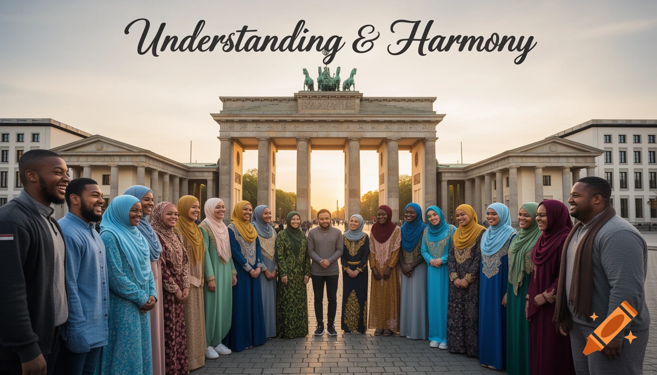A diverse group of smiling people in front of the Brandenburg Gate, with 'Understanding & Harmony' text overhead.