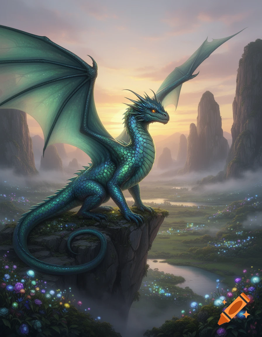 A vibrant teal dragon perches on a cliff overlooking a misty valley with glowing flowers and tall mountains at sunset.