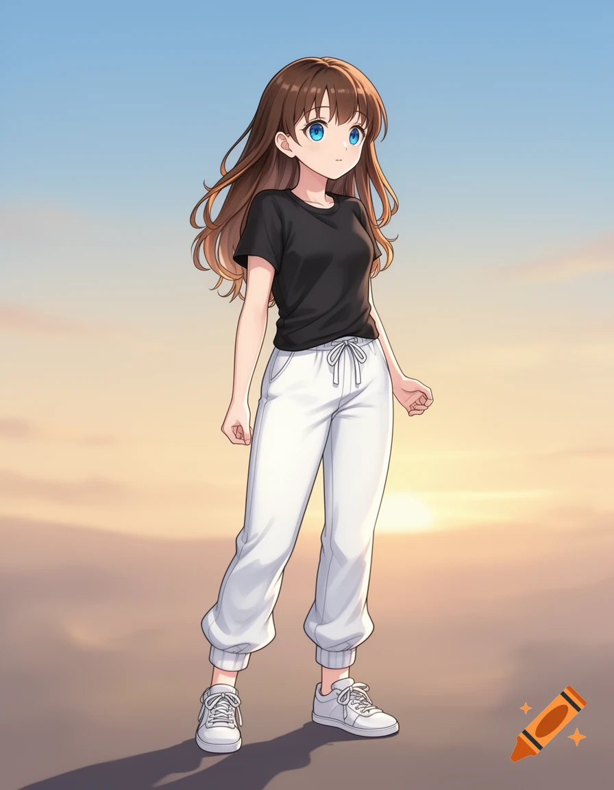 Anime girl with brown hair and blue eyes, wearing a black t-shirt, white sweatpants, and white sneakers, standing outdoors at sunset.