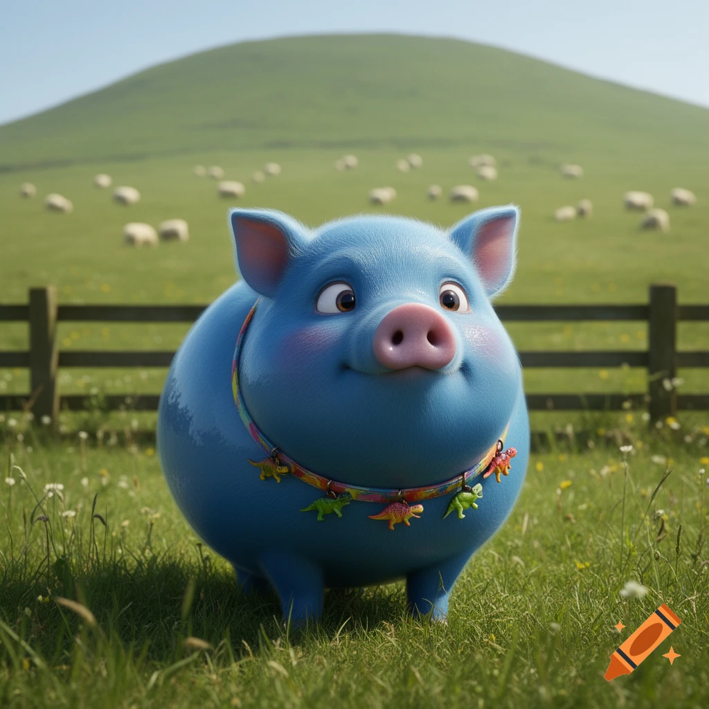A cute, round blue pig with a dinosaur charm collar smiles in a sunny green field with sheep.
