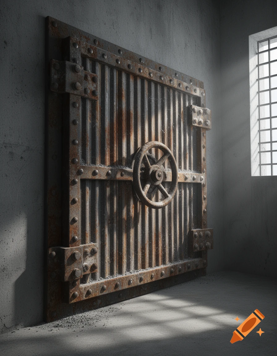 A heavy, rusted metal vault door with a large wheel handle, set into a concrete wall with a barred window casting shadows.