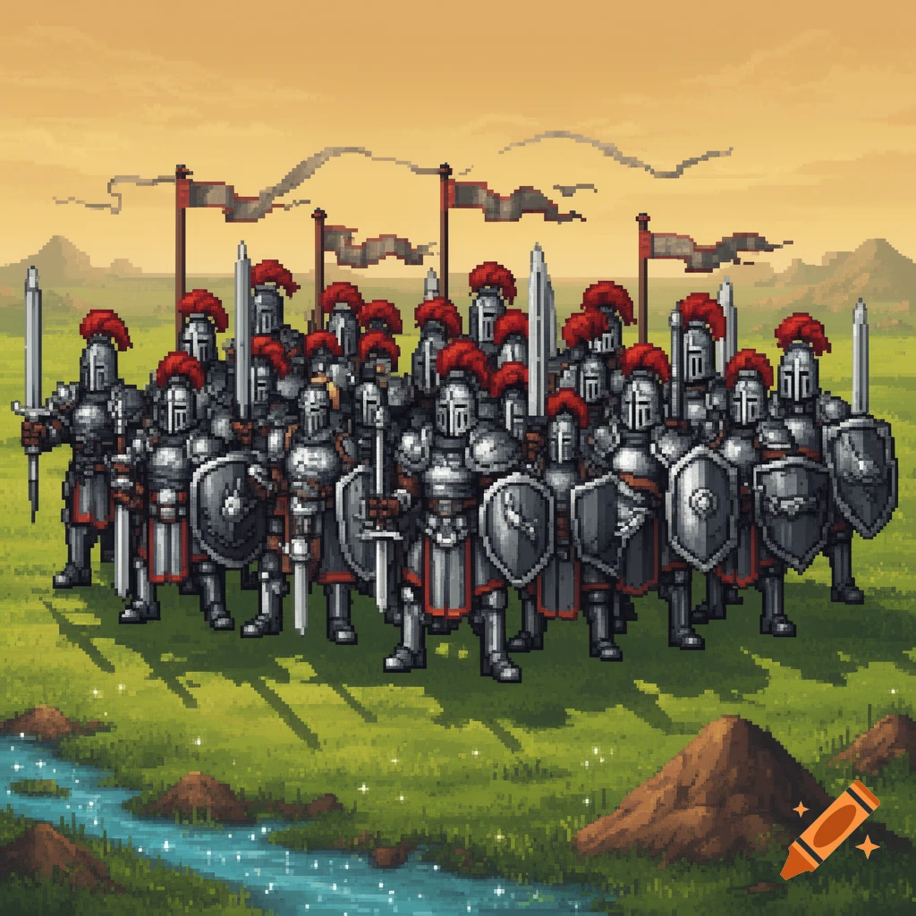 A pixel art illustration shows an army of knights in full armor, holding swords and shields, standing on a green grassy field with a river and hills under a cloudy sky.