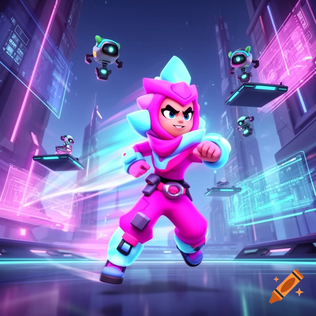 A vibrant cartoon character in a pink and blue futuristic suit runs through a neon sci-fi city with floating robots and glowing data screens. The character has an energetic pose and a determined expression.