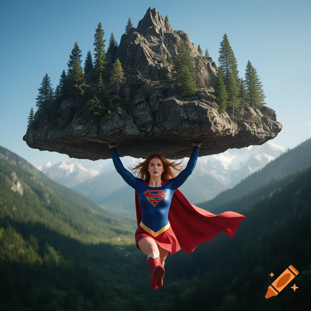 Supergirl, in her classic blue and red suit, lifts a large rock island with trees over a vast mountain valley, photorealistic style.