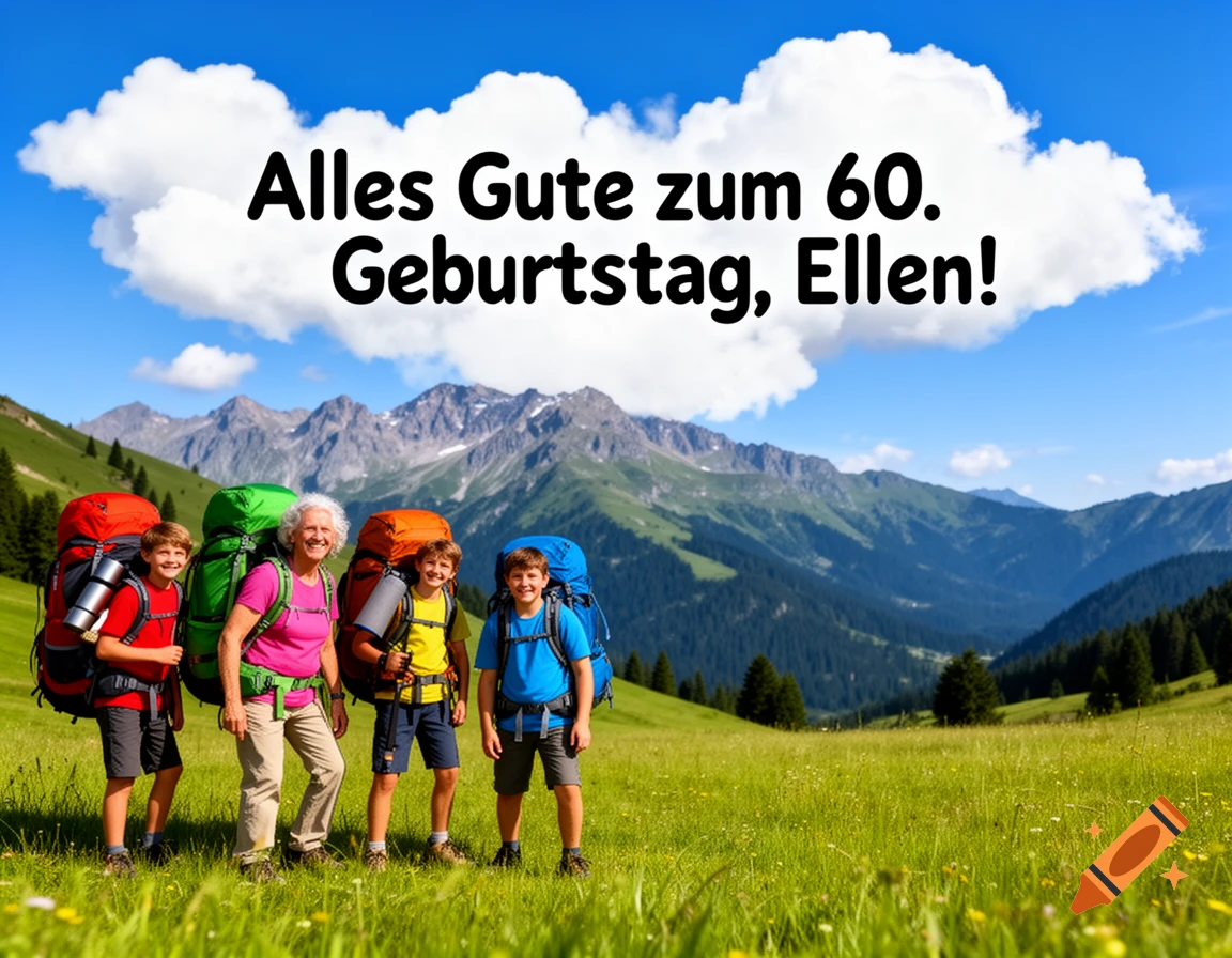 A photorealistic image of an older woman and three boys with large backpacks standing in a sunny, green mountain valley. Above them, text reads "Alles Gute zum 60. Geburtstag, Ellen!"