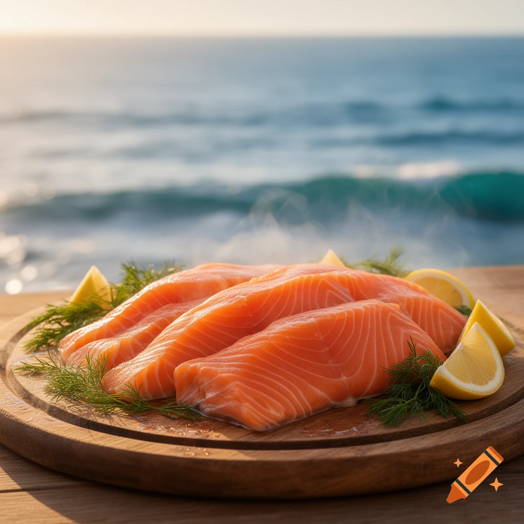Raw salmon fillets with lemon and dill on a wooden board by the ocean, photorealistic.