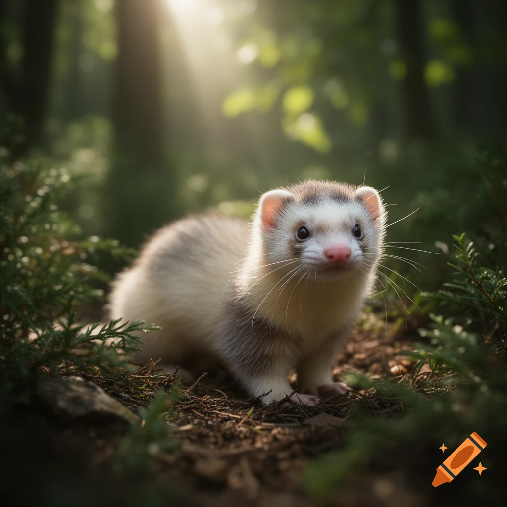 A photorealistic ferret with white and brown fur sits on the forest floor, bathed in sunlight filtering through trees.