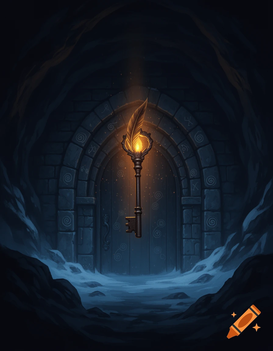An ornate antique key with a feather quill head glows in a dark arched stone doorway within a cave, fantasy art.