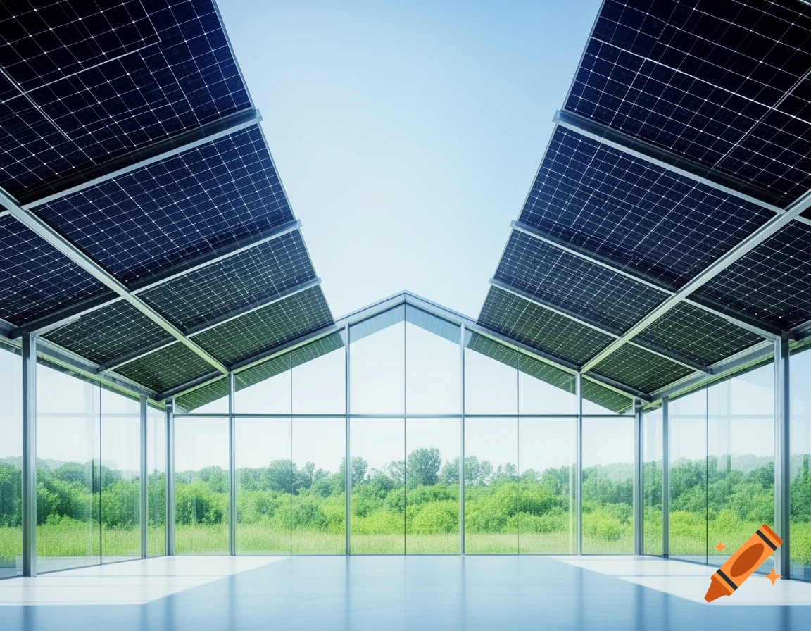Interior view of a modern glass building with solar panels on the roof, overlooking a vibrant green forest under a clear blue sky.