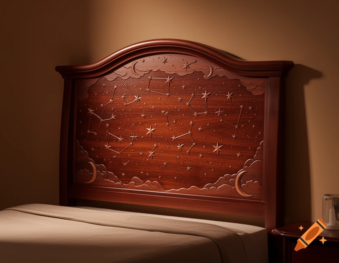 Realistic wooden headboard carved with stars, constellations, moons, and clouds, depicting a night sky.