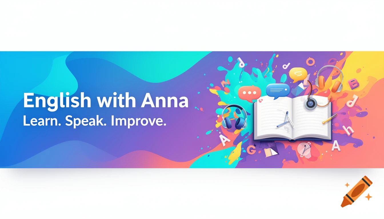 Colorful banner with 'English with Anna Learn. Speak. Improve.' text, an open book, headphones, and speech bubbles on an abstract gradient background.