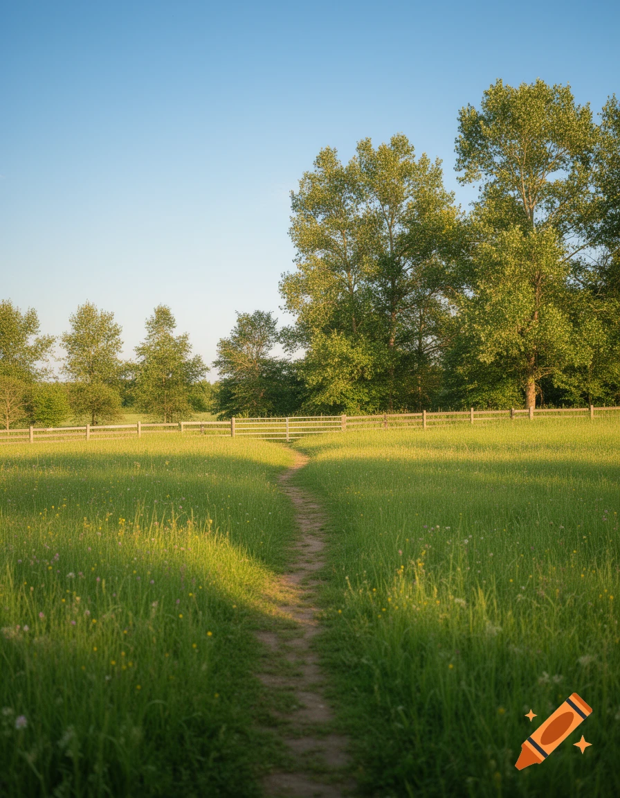 A winding dirt path through a vibrant green grassy field with a wooden fence and tall trees under a clear blue sky.