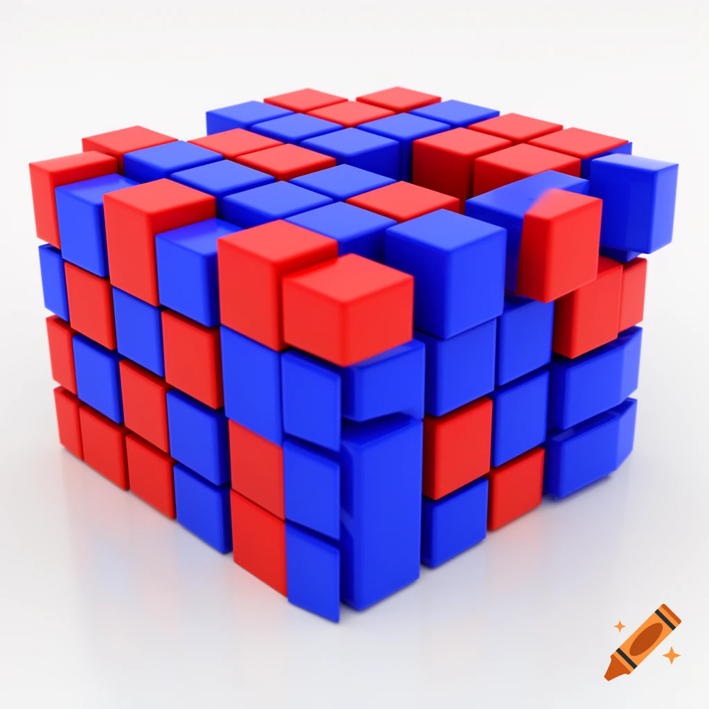 A large cube composed of numerous smaller, tightly packed red and blue cubes, forming a checkerboard-like pattern.