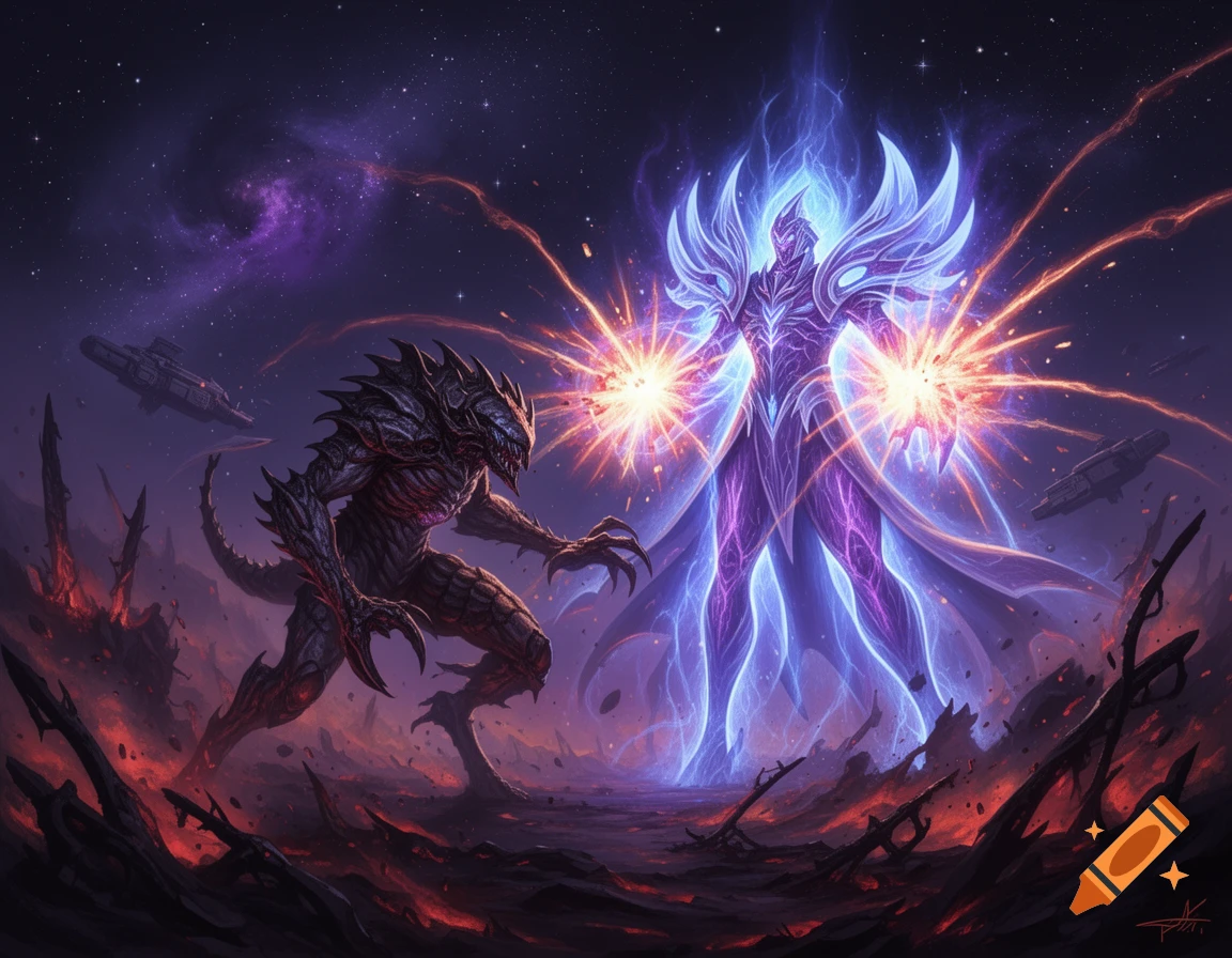 A dark, spiky alien creature battles a glowing purple and blue ethereal being on a desolate planet with spaceships in a cosmic background.