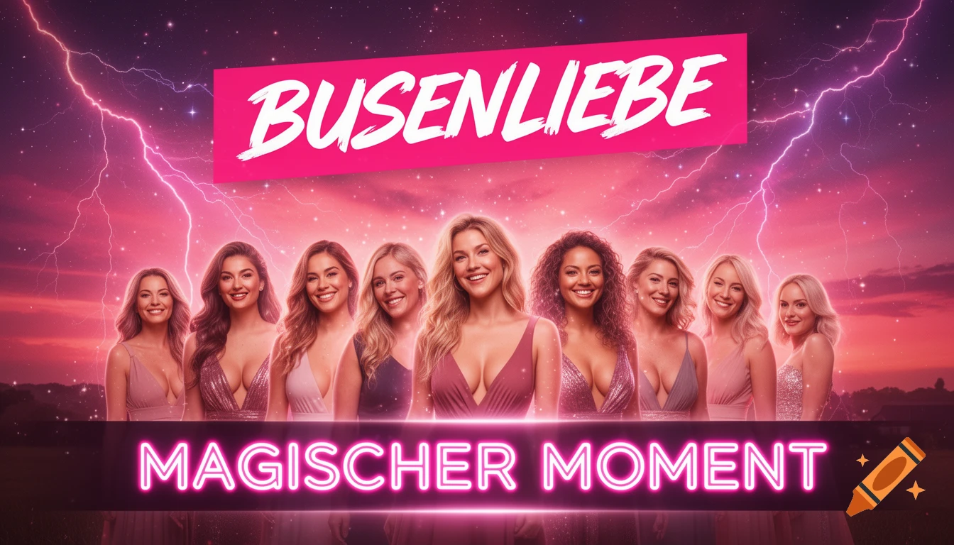 A group of smiling women in revealing tops stand under a stormy pink and purple sky with lightning. Text reads "BUSENLIEBE" and "MAGISCHER MOMENT".