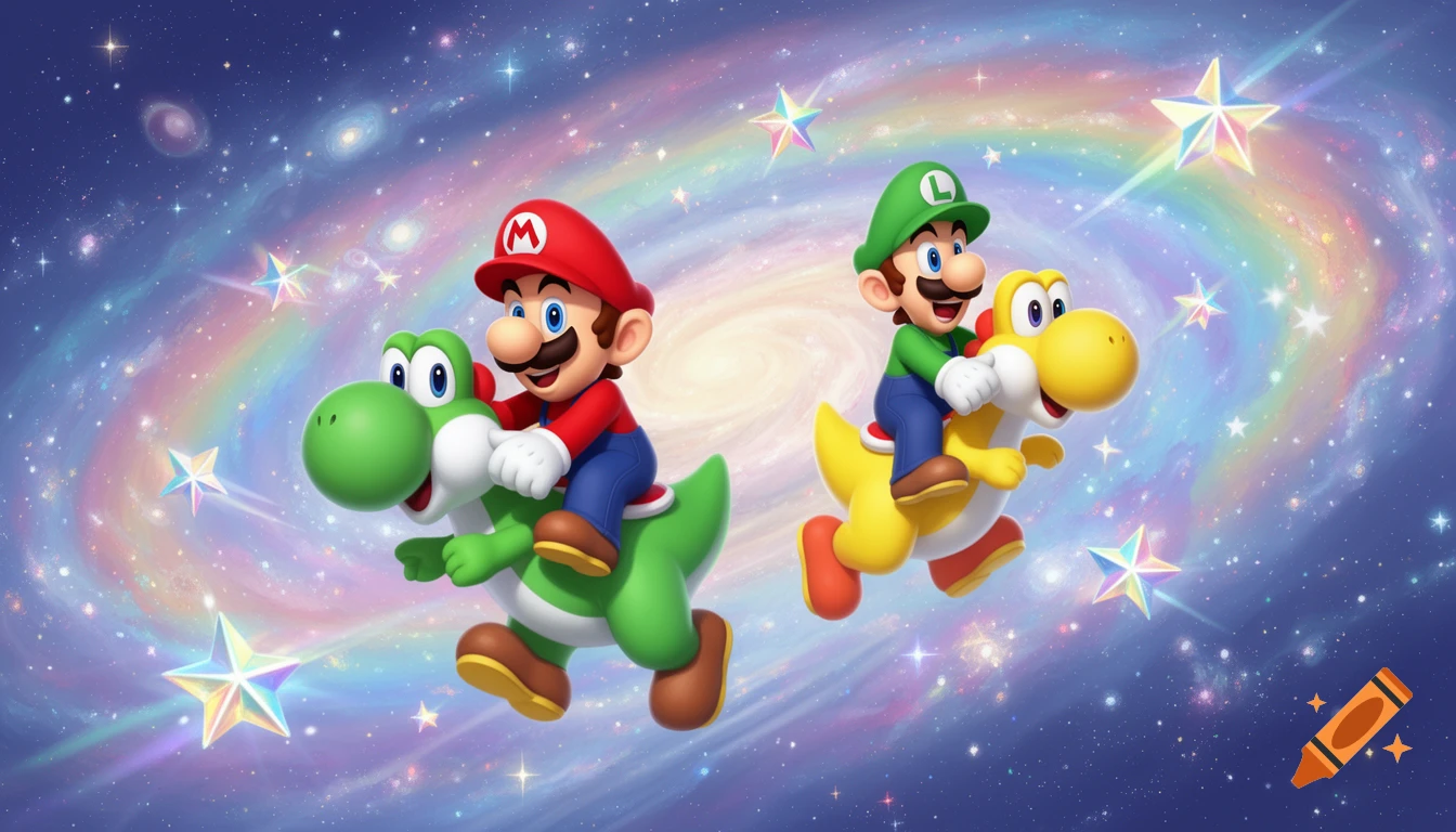 Mario on a green Yoshi and Luigi on a yellow Yoshi fly through a rainbow galaxy filled with sparkling stars.