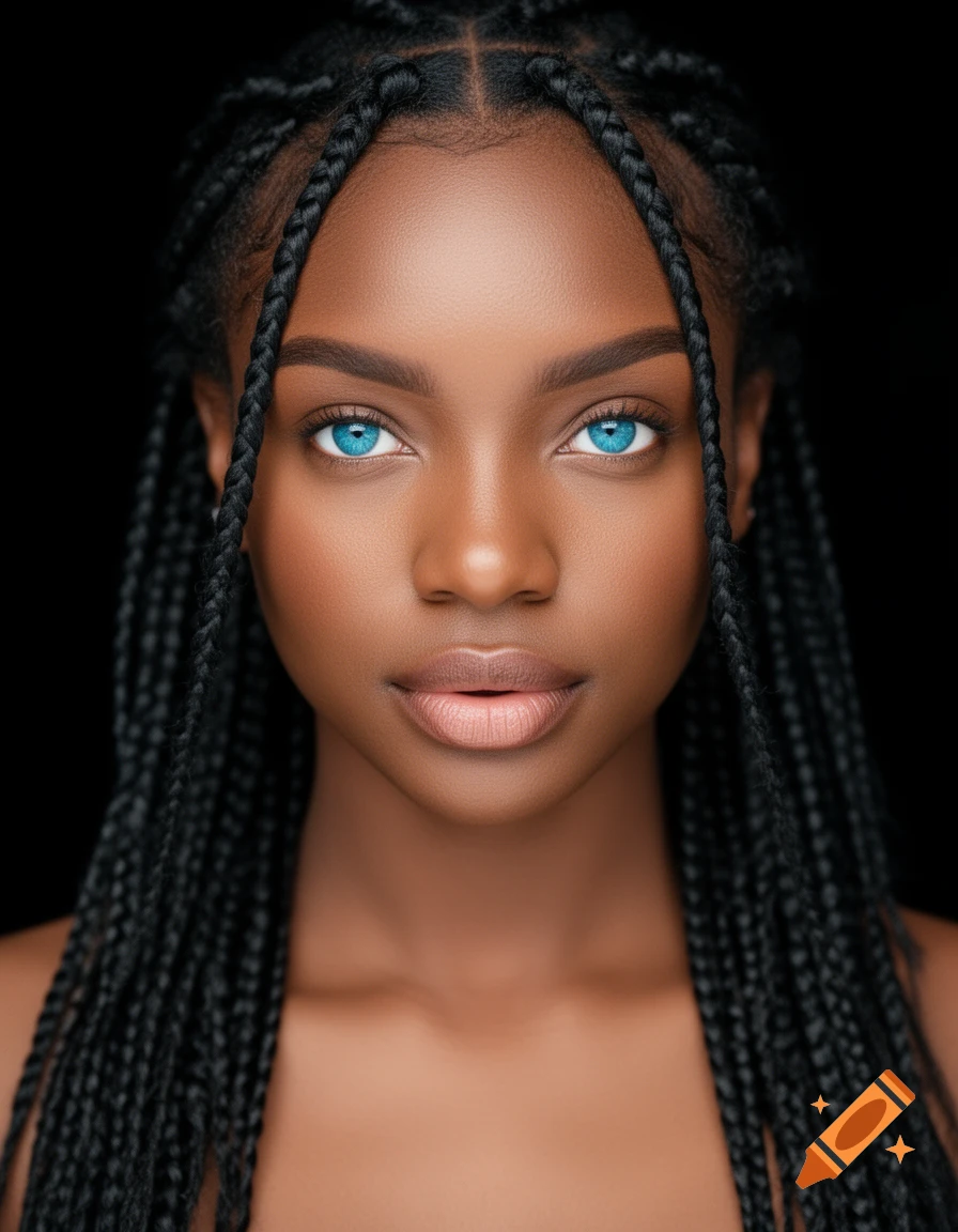 Close-up portrait of a Black woman with dark skin, box braids, and striking ocean blue eyes against a dark background.