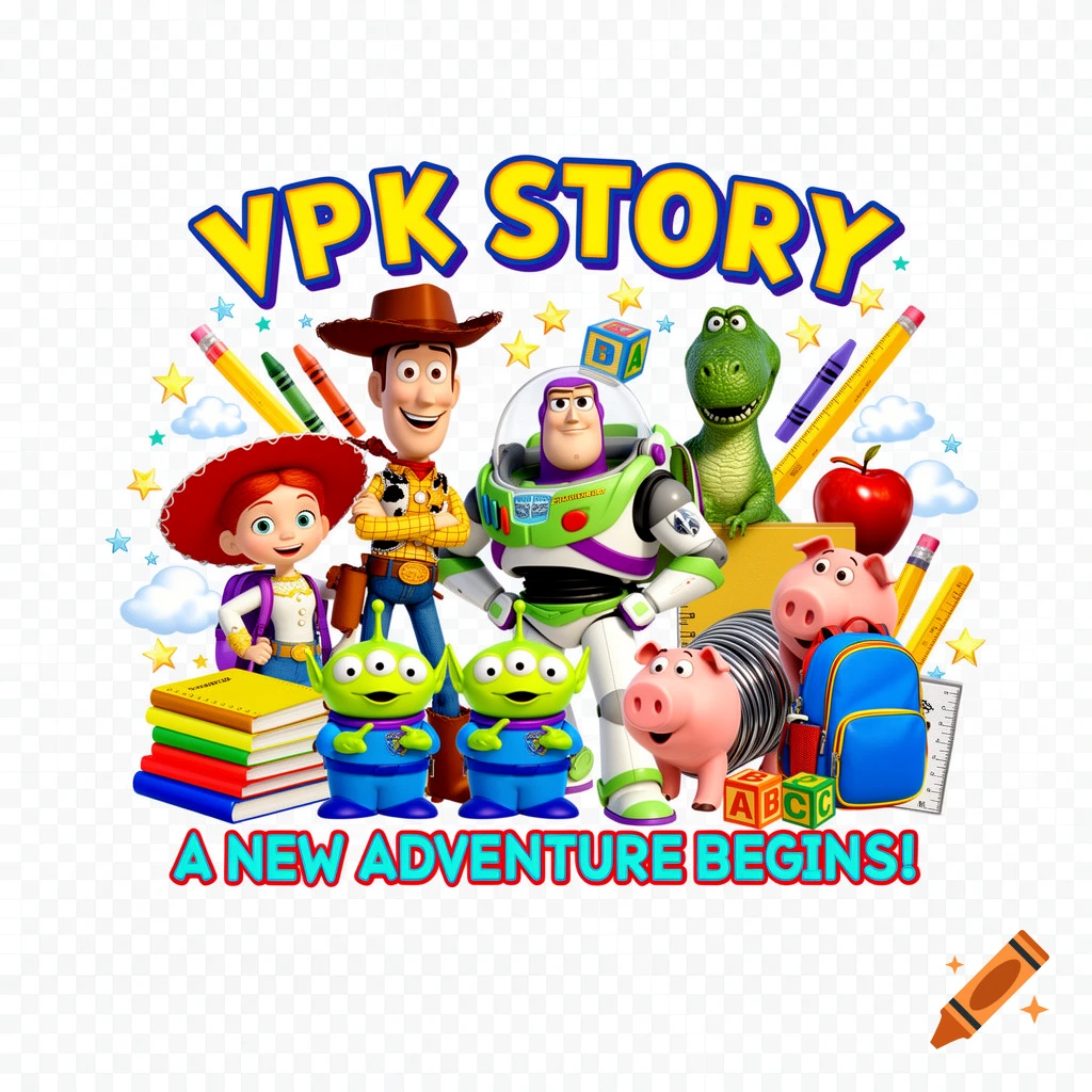Toy Story characters Woody, Buzz, Jessie, Rex, Hamm, and green aliens with school supplies, text "VPK STORY" and "A NEW ADVENTURE BEGINS!"