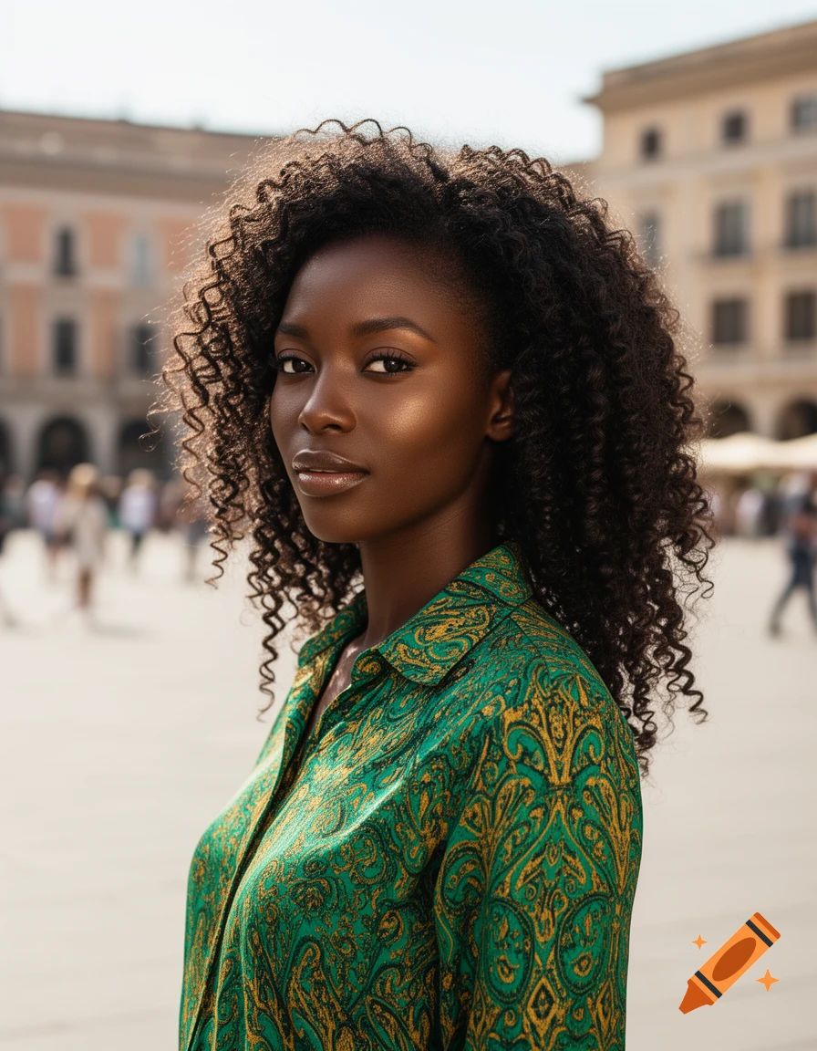 A beautiful dark-skinned woman with curly hair wearing a green and gold patterned shirt, looking at the viewer in a sunny outdoor plaza.